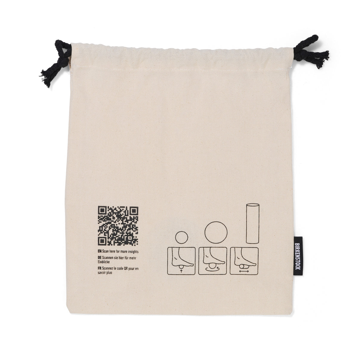 Birkenstock drawstring bag with a QR code and diagrams for size measuring instructions printed on the front.