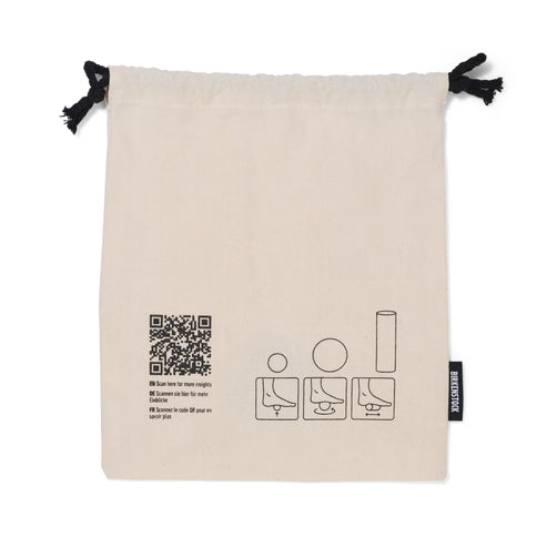 Birkenstock drawstring bag with a QR code and diagrams for size measuring instructions printed on the front.