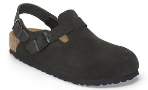 Dark gray suede clog with a buckled strap.