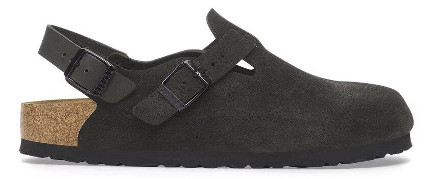 Black sandal with buckle.