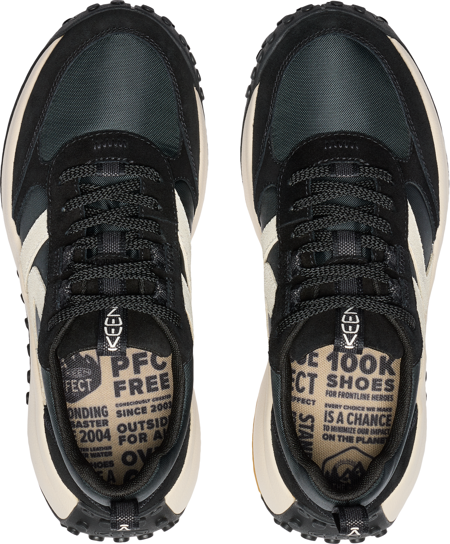 Overhead view of a pair of sneakers with black toe and laces, white side stripes, and the word KEEN printed near the heel.