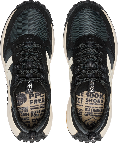 Overhead view of a pair of sneakers with black toe and laces, white side stripes, and the word KEEN printed near the heel.