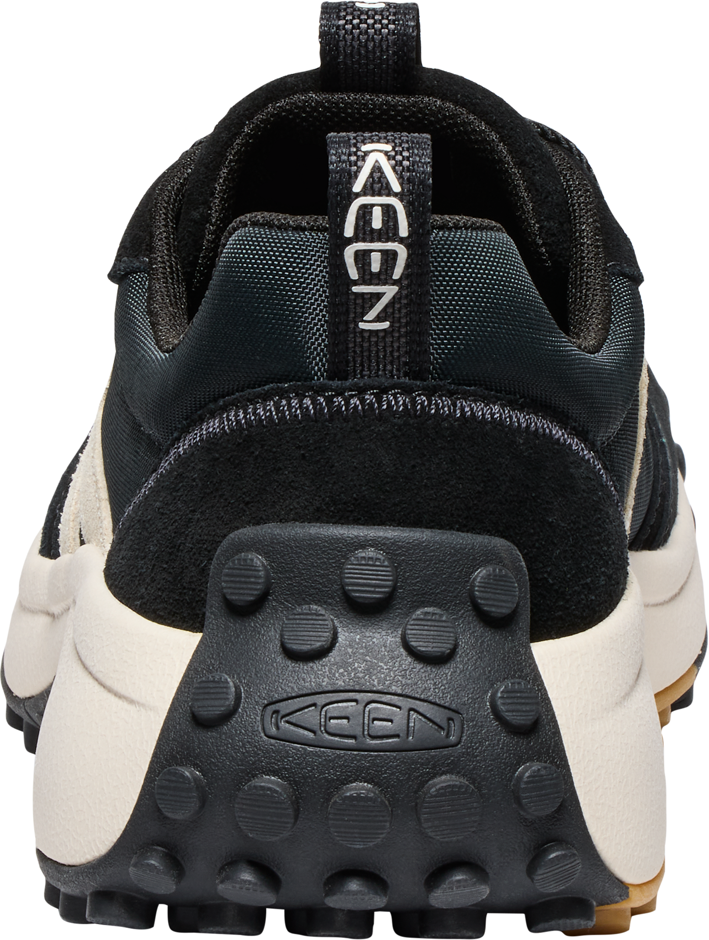 Rear view of a black and off-white shoe with visible KEEN branding.