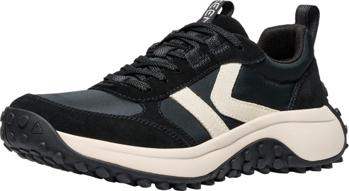 Black sneaker with off-white logo and soles.