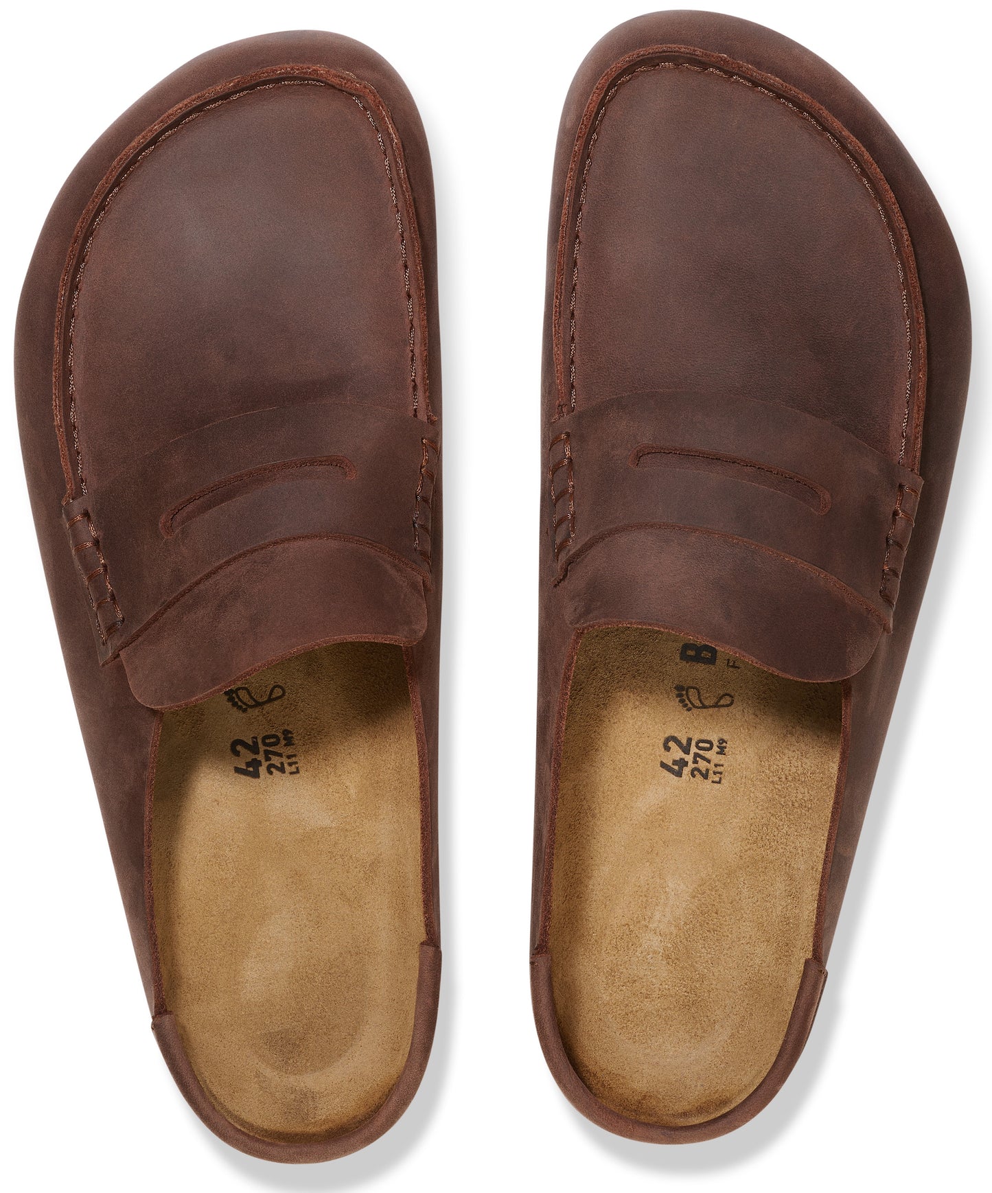 A pair of brown leather mule-style slip-on shoes with a loafer-inspired front panel, seen from a top-down view, featuring size 42 and 270 imprinted on the tan footbeds.