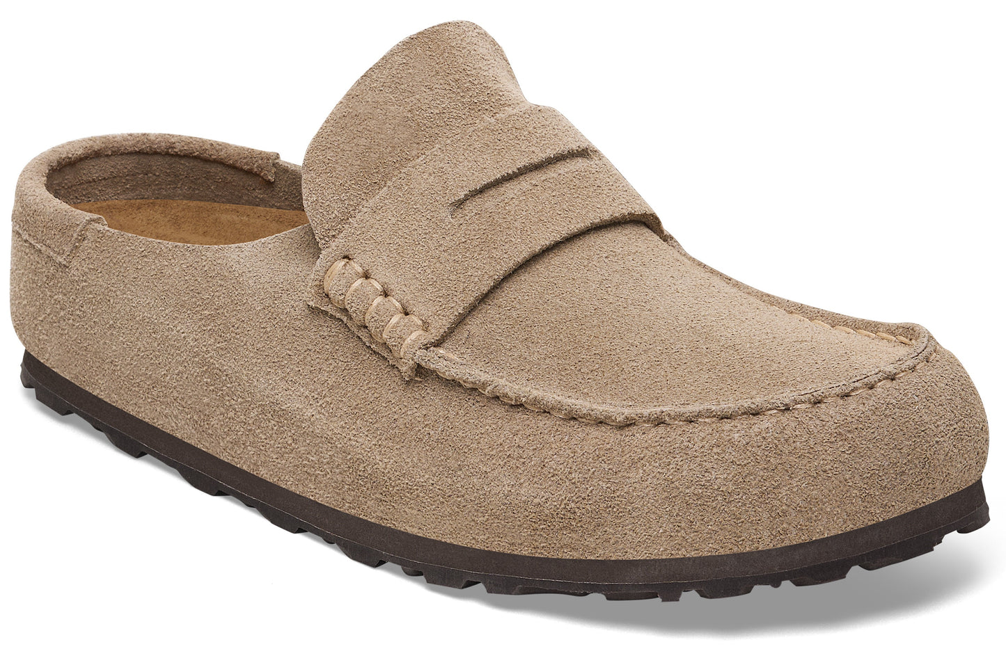 A light brown suede slip-on loafer with a penny strap and a thick, dark brown rubber sole.