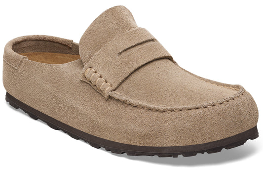 A light brown suede slip-on loafer with a penny strap and a thick, dark brown rubber sole.
