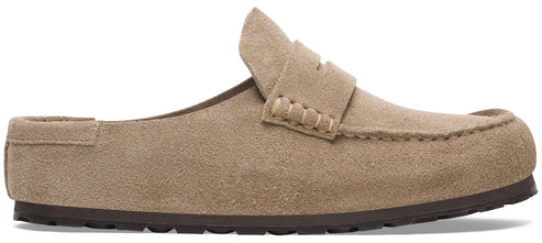 A slip-on loafer mule made of light tan suede leather with a decorative strap across the vamp and a dark brown, textured rubber sole.