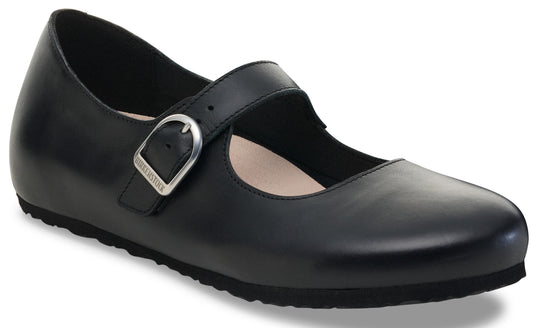 A black leather Mary Jane flat shoe with a single adjustable strap and a silver buckle featuring the text Birkenstock, set against a white background.