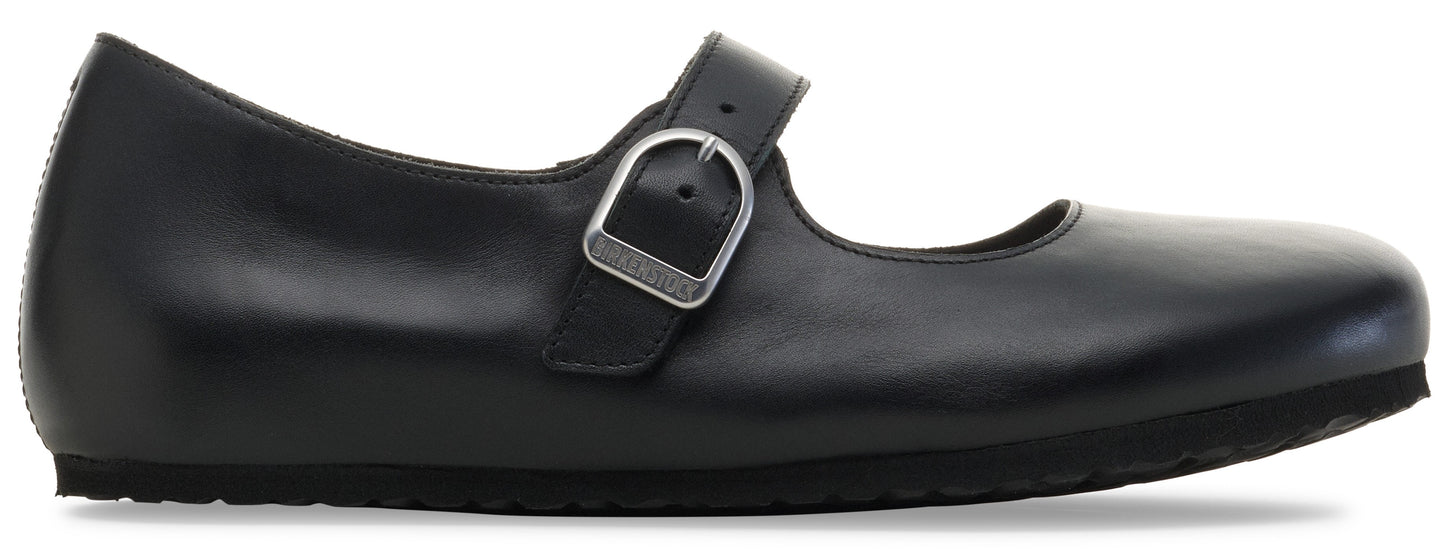 A black leather Mary Jane shoe with a single strap and a silver-tone buckle across the top.