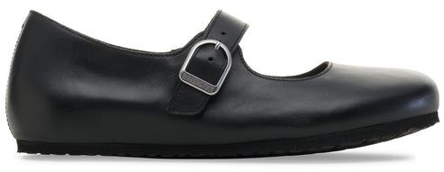 A black leather Mary Jane shoe with a single strap and a silver-tone buckle across the top.