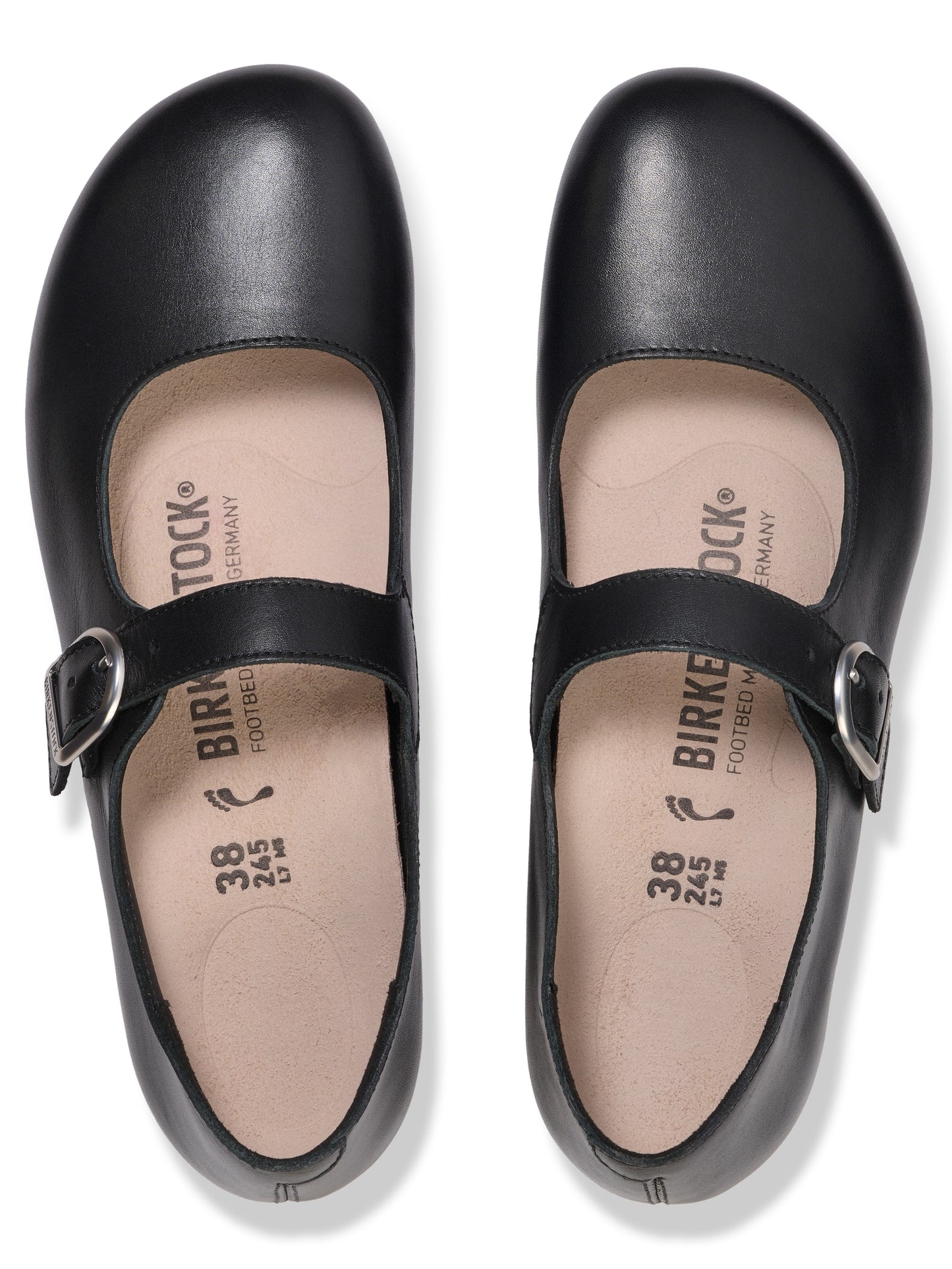 A pair of black leather Mary Jane-style shoes with a single buckled strap across the instep, shown from a top-down view, with the Birkenstock logo, size 38, and 245 mm printed on the light-colored insoles.