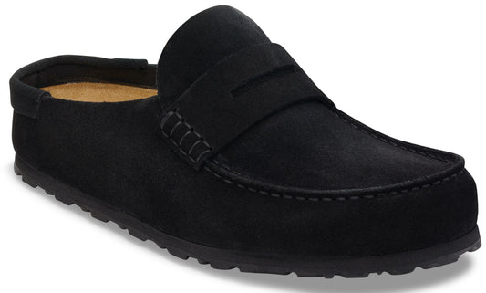 A black suede mule slip-on shoe with a classic penny loafer design, featuring a horizontal strap across the instep, moccasin-style stitching along the toe, and a dark, lugged rubber sole.