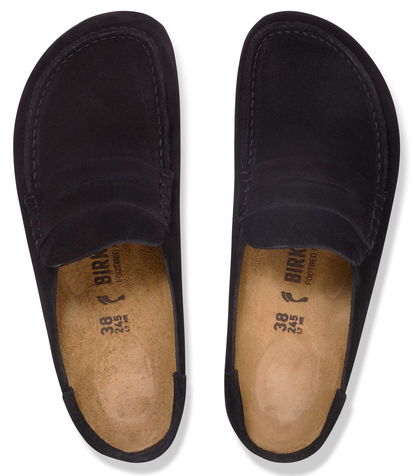 A pair of black suede slip-on shoes with cork footbeds and size 38 markings visible on the interior sole, shown from a top-down perspective.