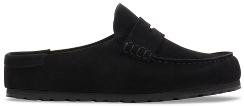 A black suede mule loafer with a flat sole and a traditional penny strap across the instep.