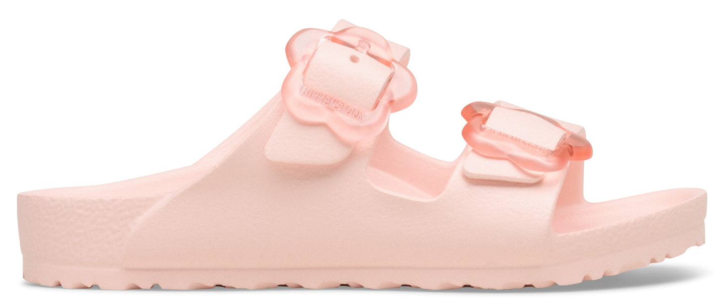 Pink slide sandal with two straps and translucent pink buckles.