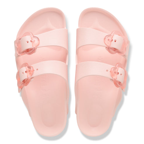 Pair of pink slide sandals with adjustable straps and heart-shaped buckles.