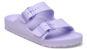 Lavender, two-strap, adjustable slide sandal.