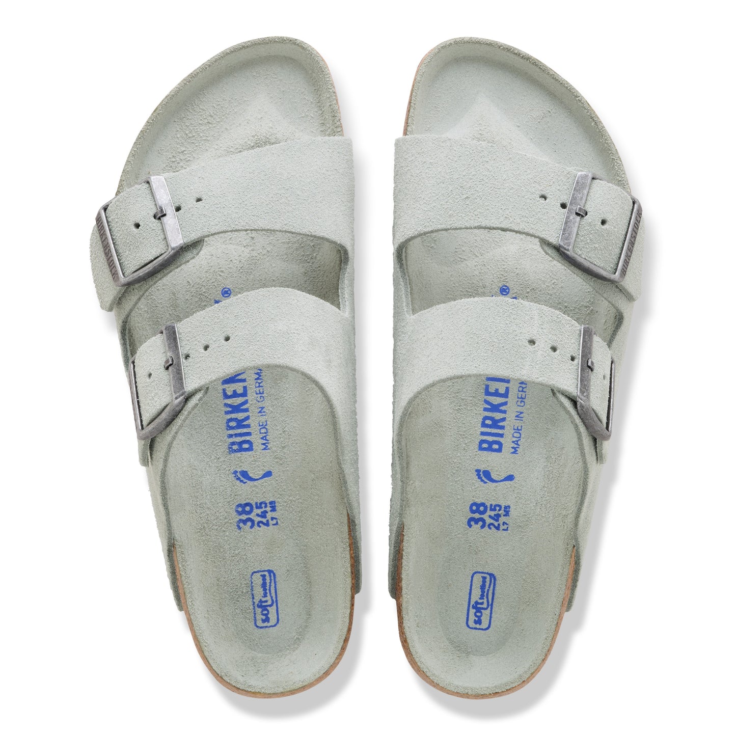 Pair of gray, two-strap sandals with silver buckles, size 38.
