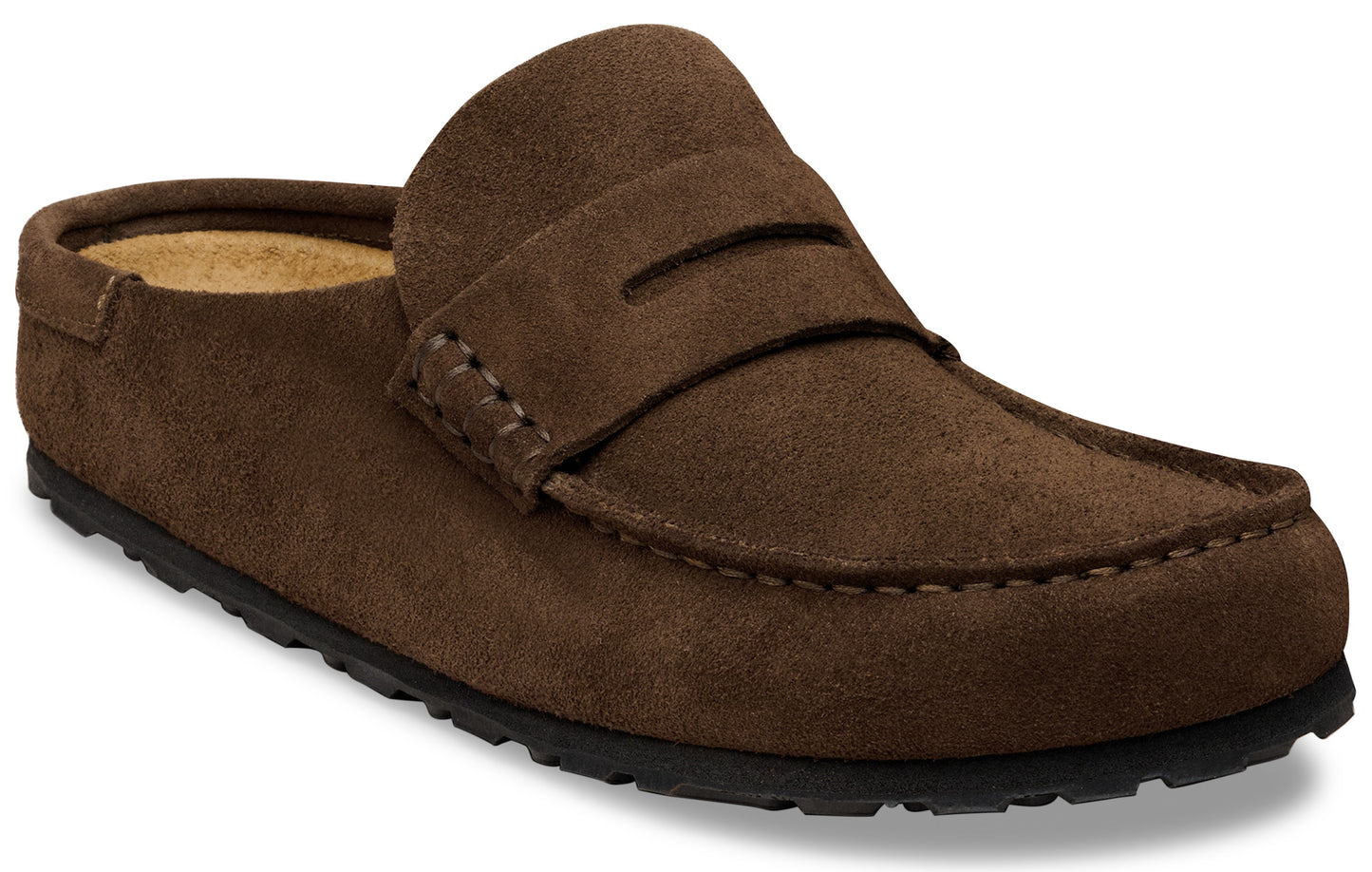 A brown suede penny loafer-style mule with a dark rubber sole.
