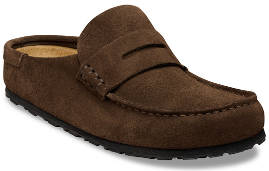 A brown suede penny loafer-style mule with a dark rubber sole.