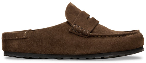 A brown suede mule-style loafer with a penny loafer strap detail and a thick, textured black rubber sole.