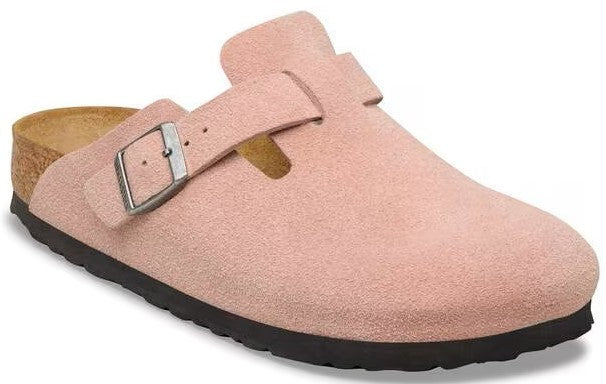 Pink suede clog with an adjustable strap and silver buckle.