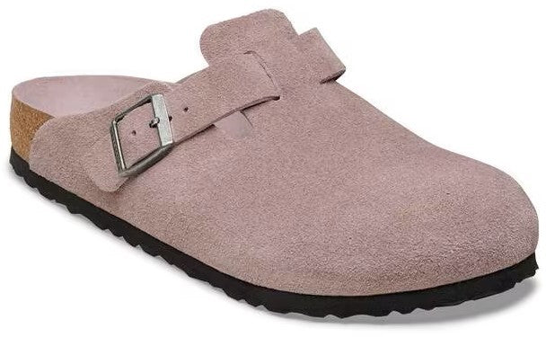 Suede clog with adjustable buckle strap and contoured cork footbed