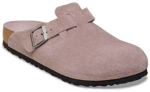Suede clog with adjustable buckle strap and contoured cork footbed