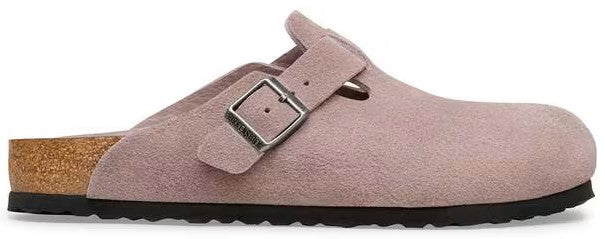 A pink clog-style shoe with an adjustable strap and buckle.