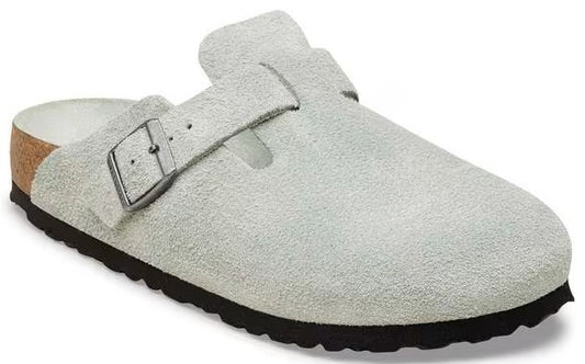 Suede clog-style shoe, light gray upper, black sole, adjustable metal buckle