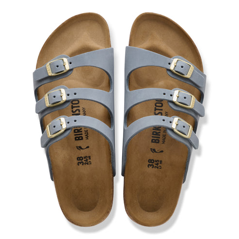 Pair of three-strap grey sandals with gold buckles, size 38.