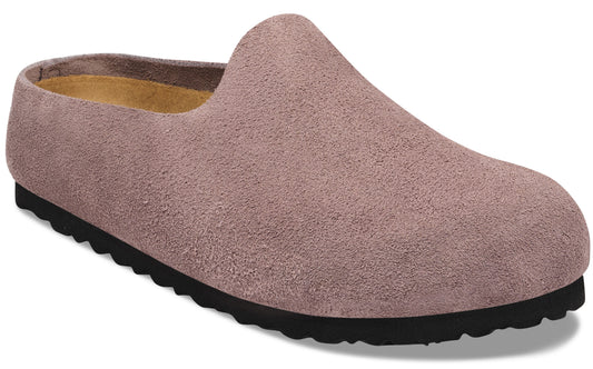 A slip-on suede clog in a dusty mauve color with a textured black rubber sole and a tan interior lining.