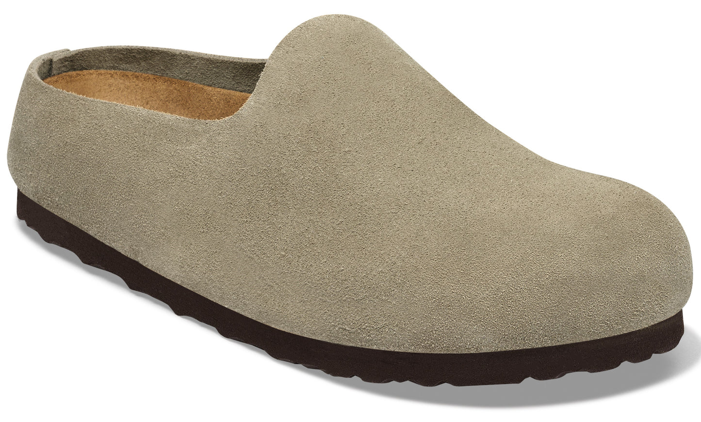 A slip-on clog made of light taupe suede with a dark brown, textured rubber sole.
