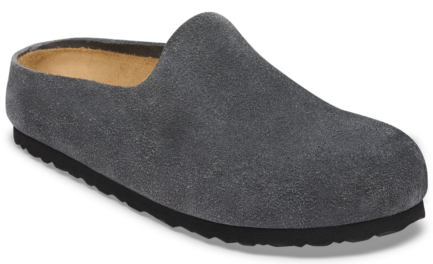 A charcoal grey suede mule slipper with a slip-on design, a rounded toe, and a black serrated rubber sole.
