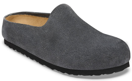 A charcoal grey suede mule slipper with a slip-on design, a rounded toe, and a black serrated rubber sole.
