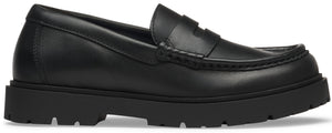 A black leather penny loafer with a chunky lug sole.