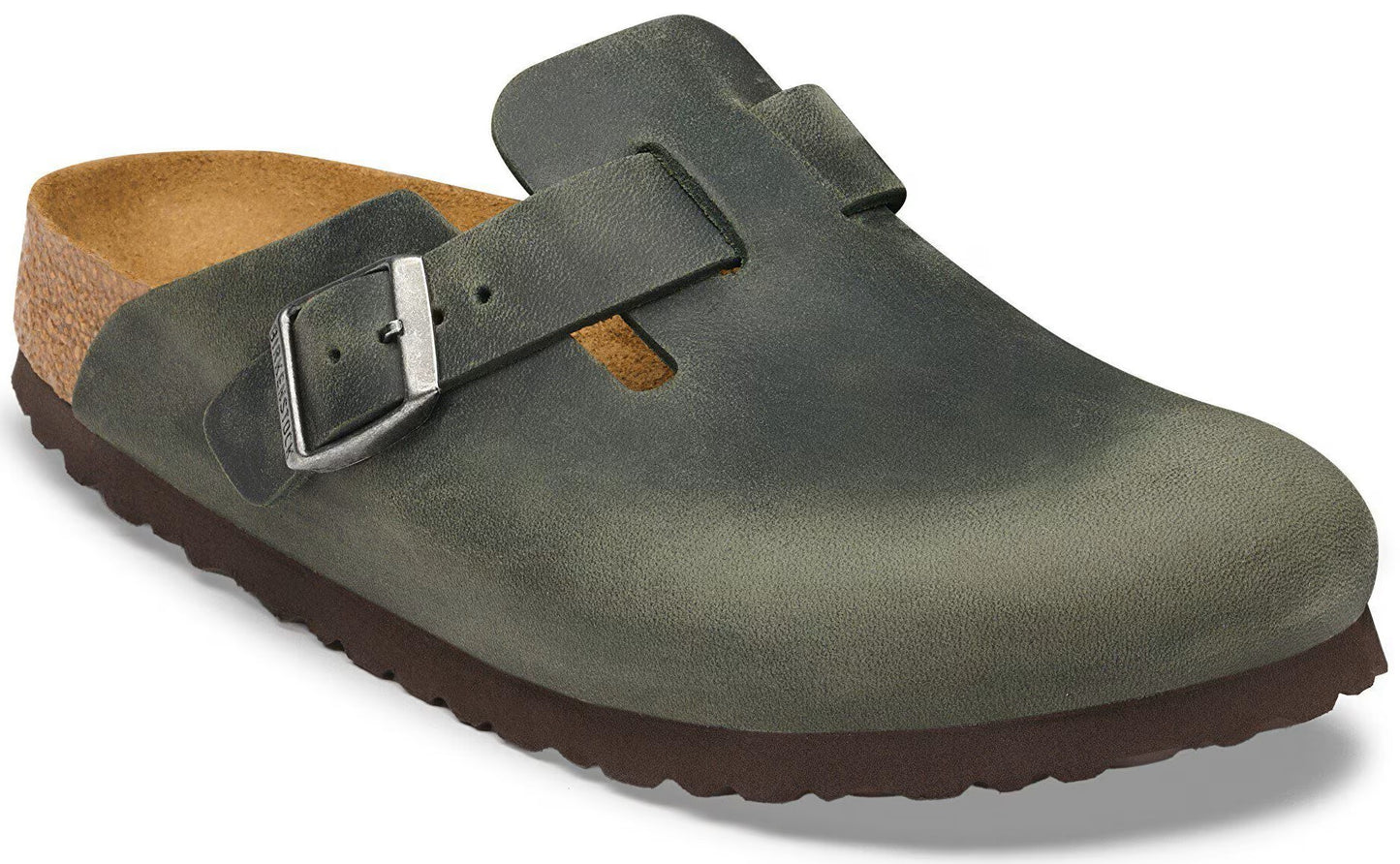 A slip-on clog with a dark olive green leather upper, a silver metal buckle, a cork footbed, and a thick brown treaded rubber sole.