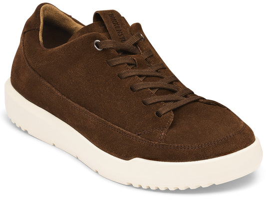A brown suede sneaker with a thick white platform sole and matching brown laces.