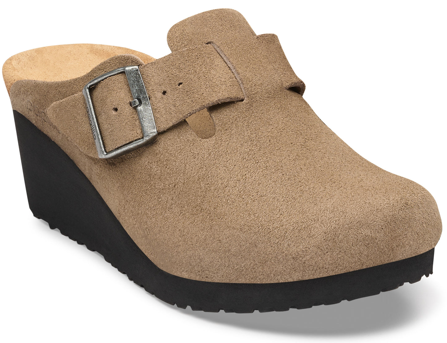 A tan suede clog-style wedge sandal with a buckled side strap and a thick black serrated rubber sole.