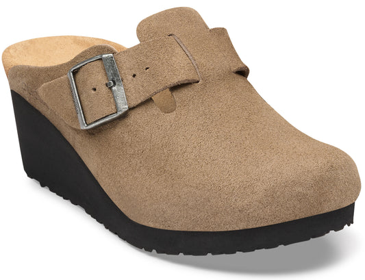 A tan suede clog-style wedge sandal with a buckled side strap and a thick black serrated rubber sole.