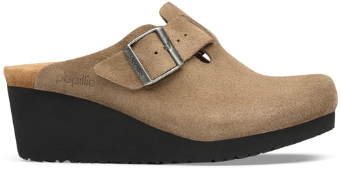 A tan suede wedge clog with a thick black platform sole and a silver buckle strap, featuring the word "papillio" embossed on the side.