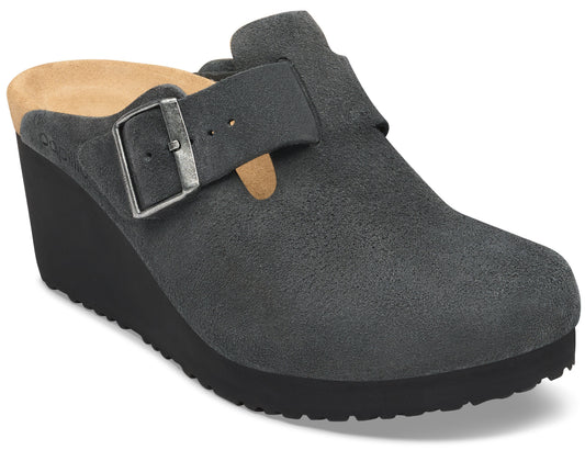 A gray suede mule wedge with a metal buckle strap across the top and a thick, ridged black rubber sole.