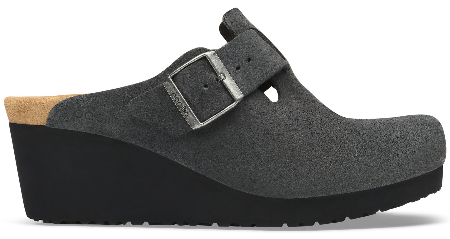 A charcoal gray suede clog with a wedge heel and an adjustable metallic buckle strap, featuring the embossed text Papillio on the side.