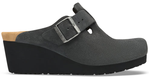 A charcoal gray suede clog with a wedge heel and an adjustable metallic buckle strap, featuring the embossed text Papillio on the side.