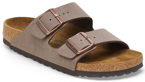 A brown suede two-strap sandal with adjustable buckles.