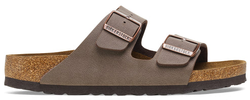 A pair of gray, two-strap sandals with cork soles.