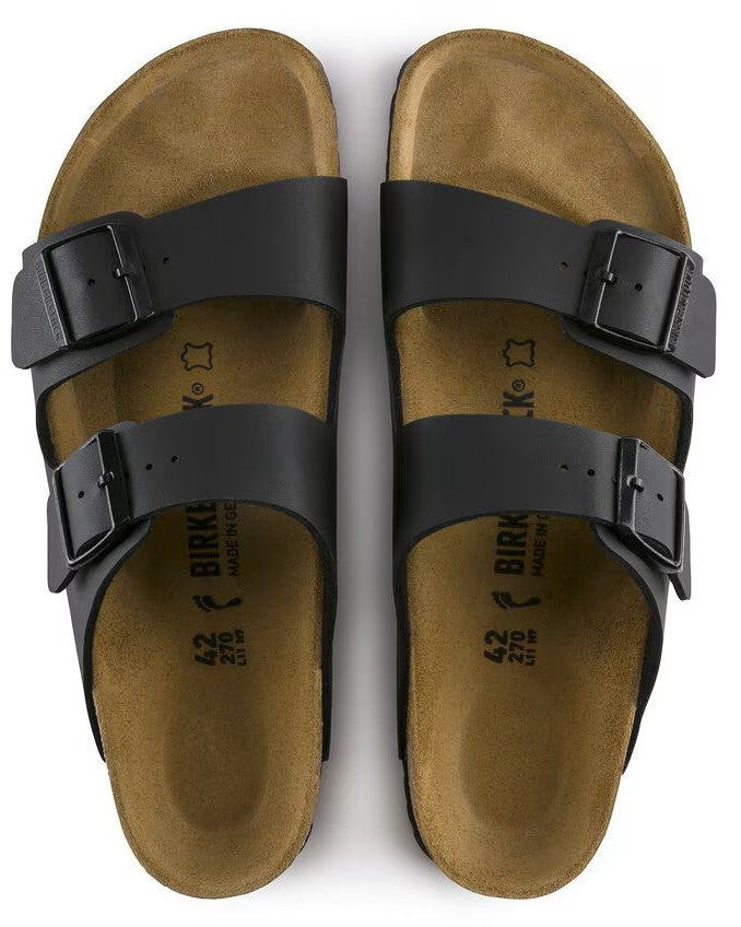 Two black open-toed sandals with black buckles.