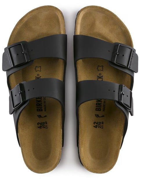 Two black open-toed sandals with black buckles.
