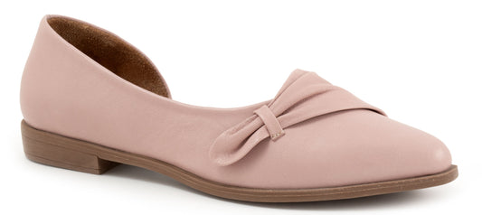 A women's rose-colored flat shoe with a bow on the toe.